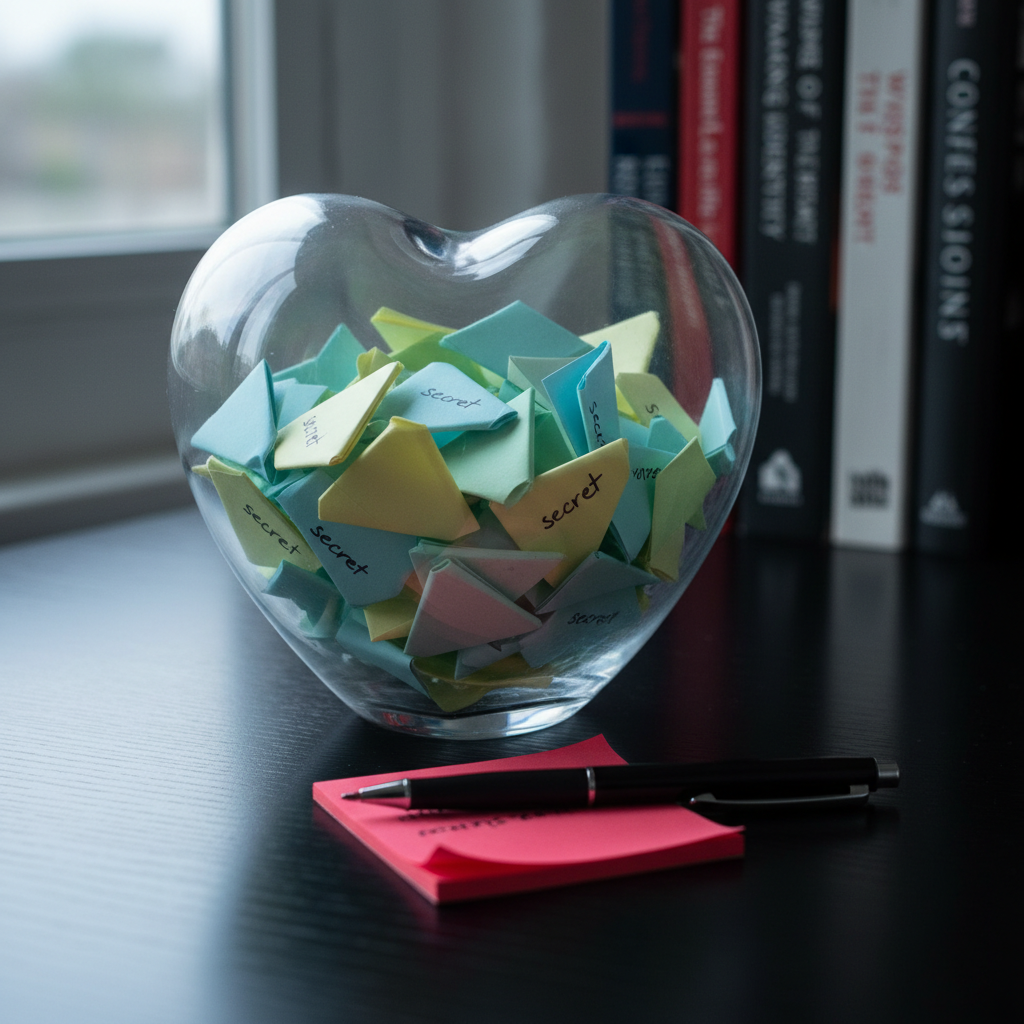 A transparent glass heart-shaped container overflowing with folded pastel sticky notes, each labeled “secret” in tiny ink on the edge, resting on a smooth black lacquer desk. A single vivid red note lies unfolded in front, text obscured by a strategically placed black gel pen. Cool, overcast window light from the left creates soft reflections on the glass and gentle shadows behind the notes. The background fades into a bokeh of blurred books with titles about emotions and identity. Photographic realism, eye-level composition, crisp focus on the heart container, playful yet introspective atmosphere hinting at hidden stories and confessions.